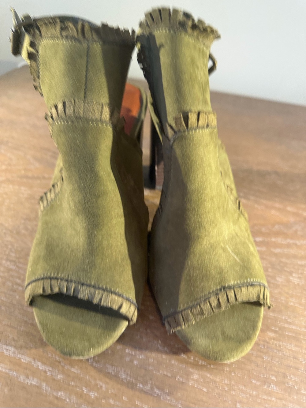 MIA Olive Green Suede Fringe Open-Toe Heels